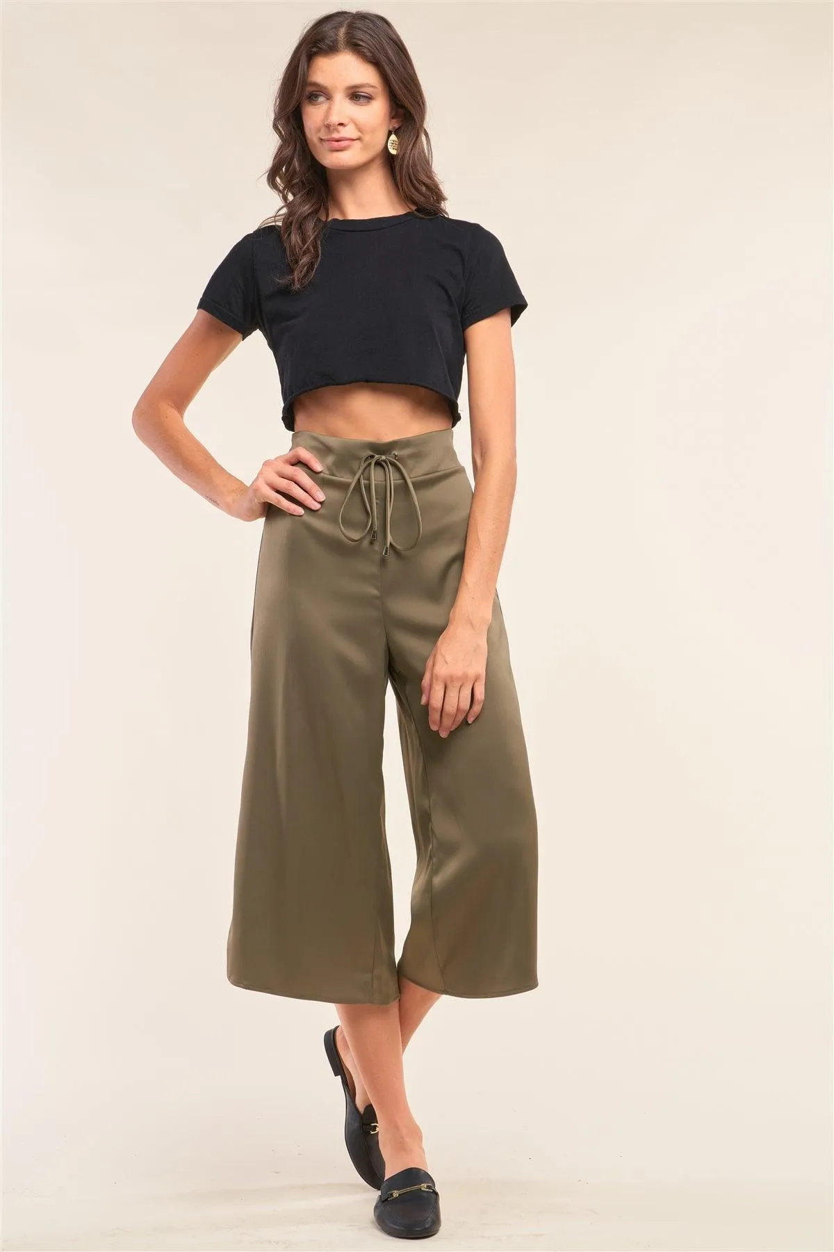 Olive Satin High Waisted Metallic Tip String Tie Flare Capri Pants /1-2-2-1