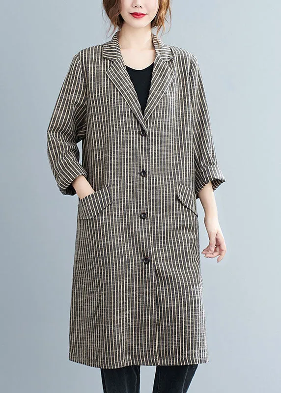 Plus Size Khaki PeterPan Collar Button Pockets Striped Fall Long sleeve Trench coats