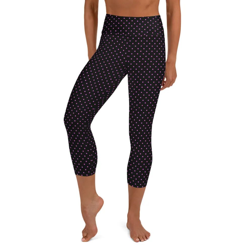 Polka Dots Yoga Capri Leggings, Women's Cute Pink Dotted Printed Capris Tights-Made in USA/EU