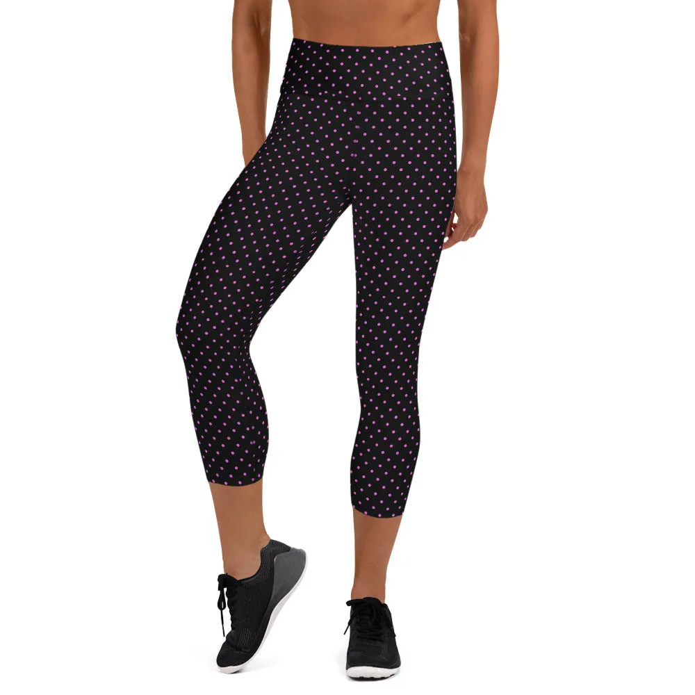 Polka Dots Yoga Capri Leggings, Women's Cute Pink Dotted Printed Capris Tights-Made in USA/EU