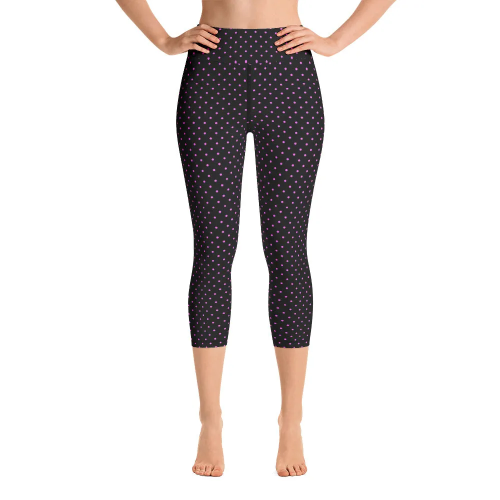 Polka Dots Yoga Capri Leggings, Women's Cute Pink Dotted Printed Capris Tights-Made in USA/EU