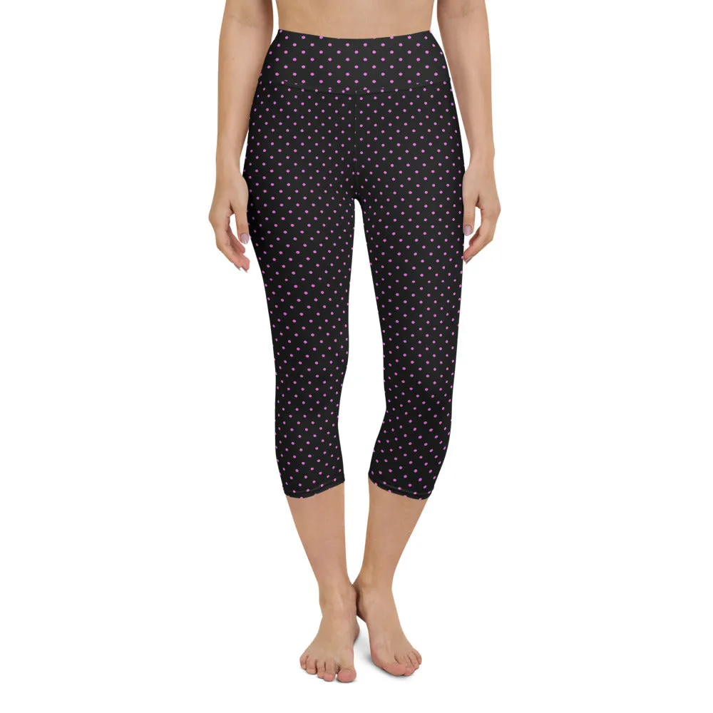 Polka Dots Yoga Capri Leggings, Women's Cute Pink Dotted Printed Capris Tights-Made in USA/EU