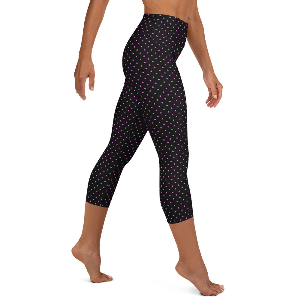 Polka Dots Yoga Capri Leggings, Women's Cute Pink Dotted Printed Capris Tights-Made in USA/EU