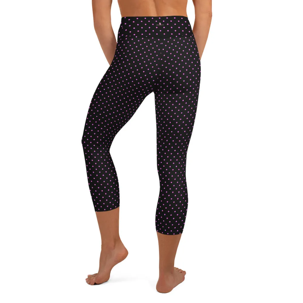 Polka Dots Yoga Capri Leggings, Women's Cute Pink Dotted Printed Capris Tights-Made in USA/EU