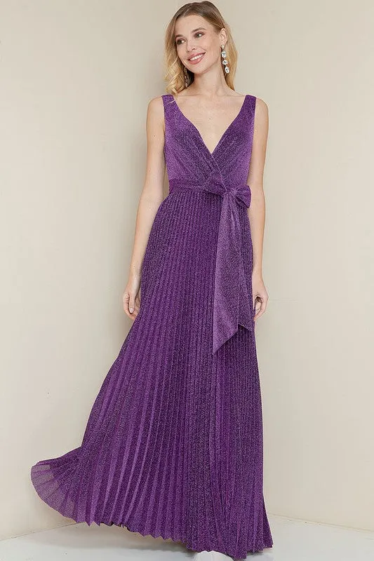 Purple Sparkle V Neck Pleated Maxi Dress