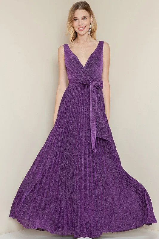 Purple Sparkle V Neck Pleated Maxi Dress