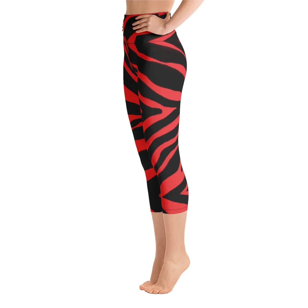 Red Zebra Yoga Capri Leggings, Zebra Animal Print Best Designer Women's Yoga Capri Leggings