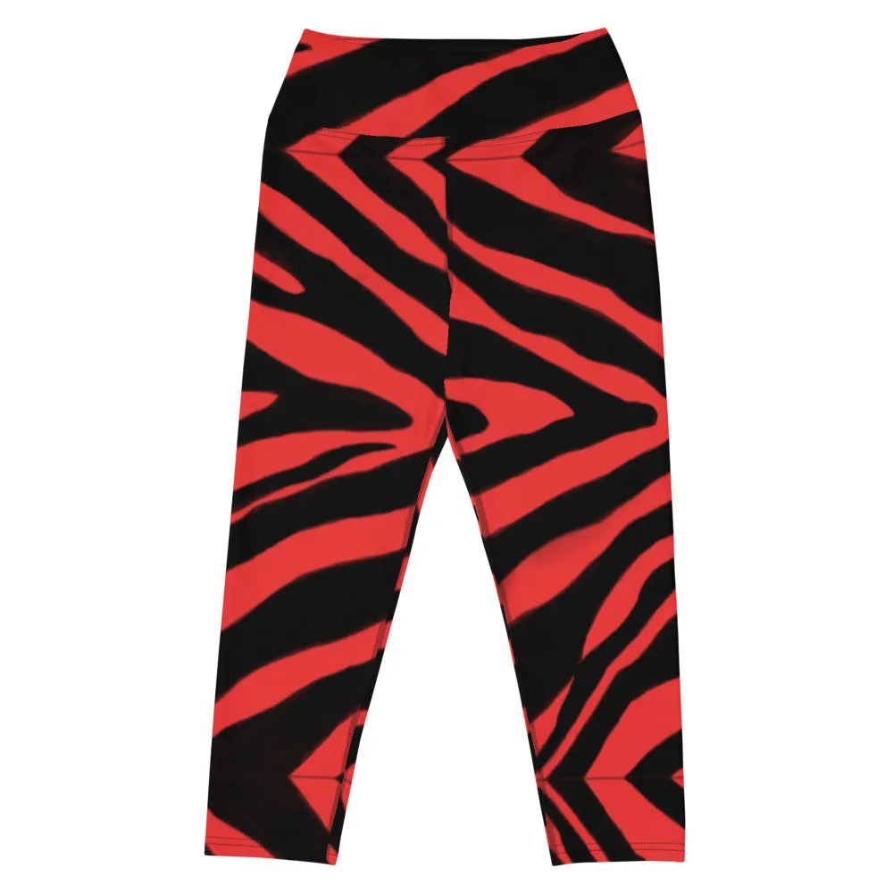 Red Zebra Yoga Capri Leggings, Zebra Animal Print Best Designer Women's Yoga Capri Leggings