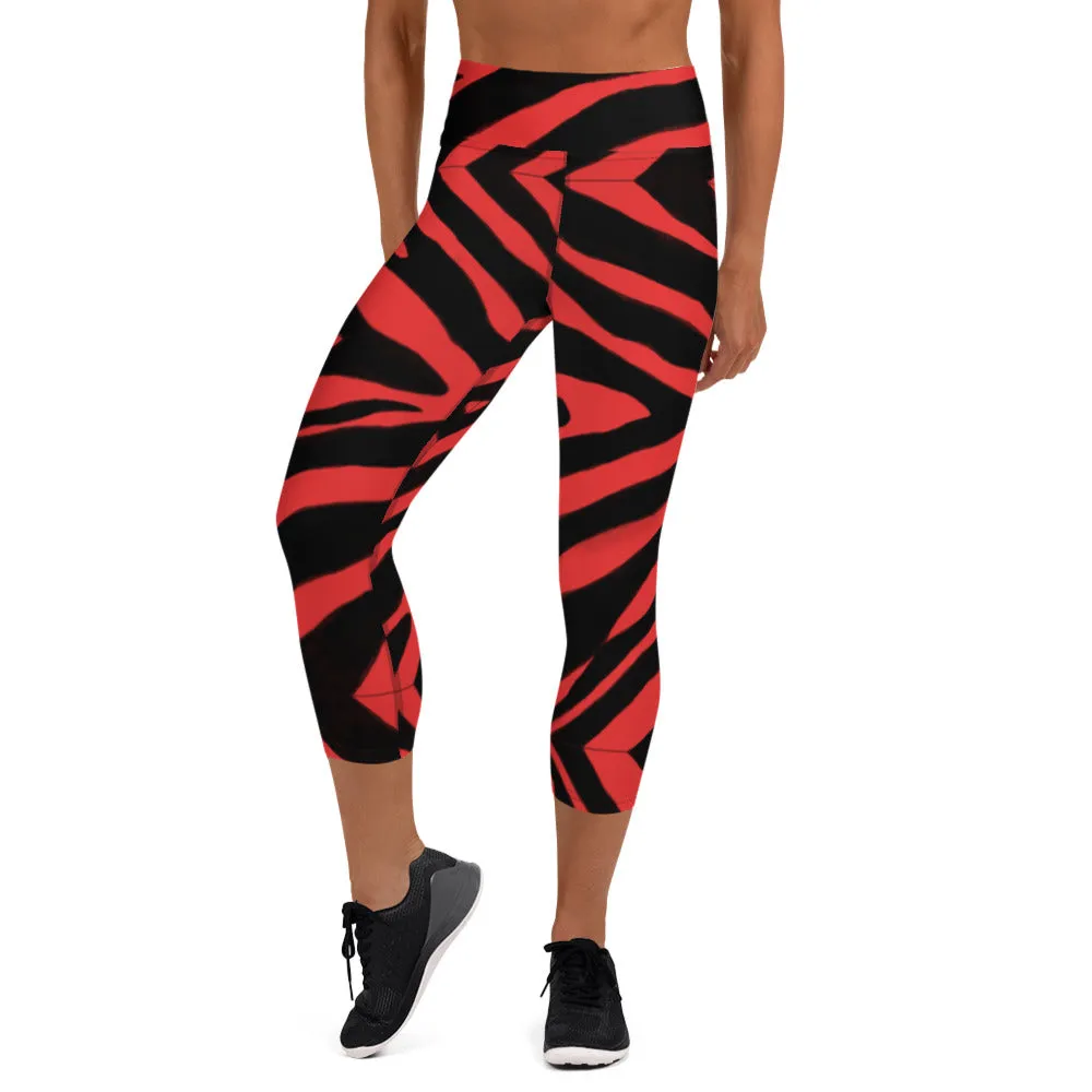 Red Zebra Yoga Capri Leggings, Zebra Animal Print Best Designer Women's Yoga Capri Leggings