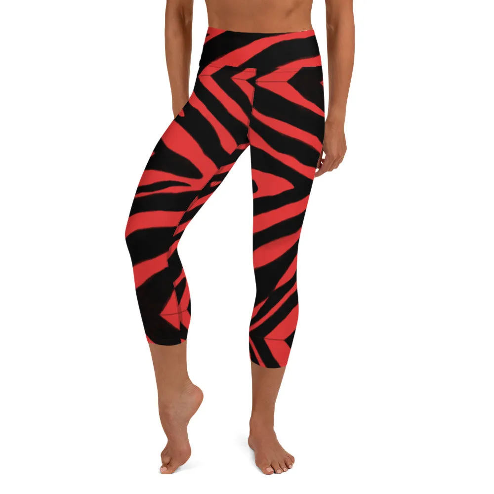 Red Zebra Yoga Capri Leggings, Zebra Animal Print Best Designer Women's Yoga Capri Leggings