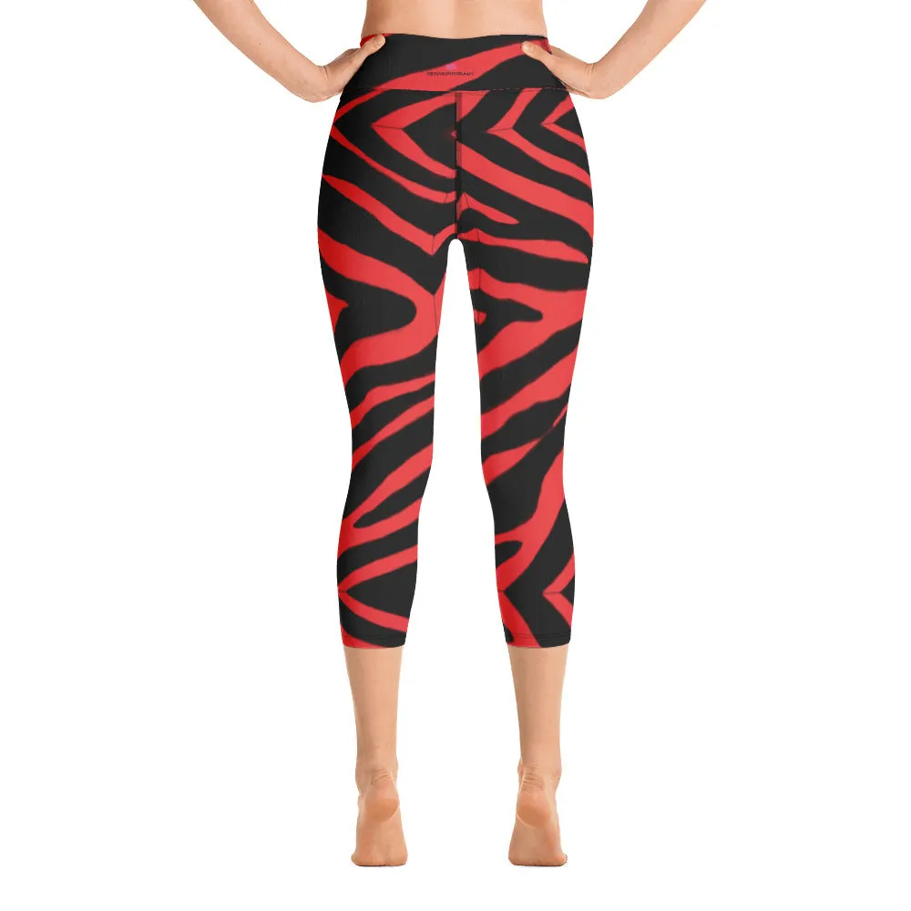 Red Zebra Yoga Capri Leggings, Zebra Animal Print Best Designer Women's Yoga Capri Leggings