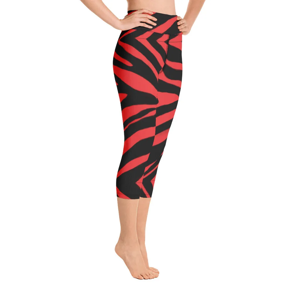 Red Zebra Yoga Capri Leggings, Zebra Animal Print Best Designer Women's Yoga Capri Leggings