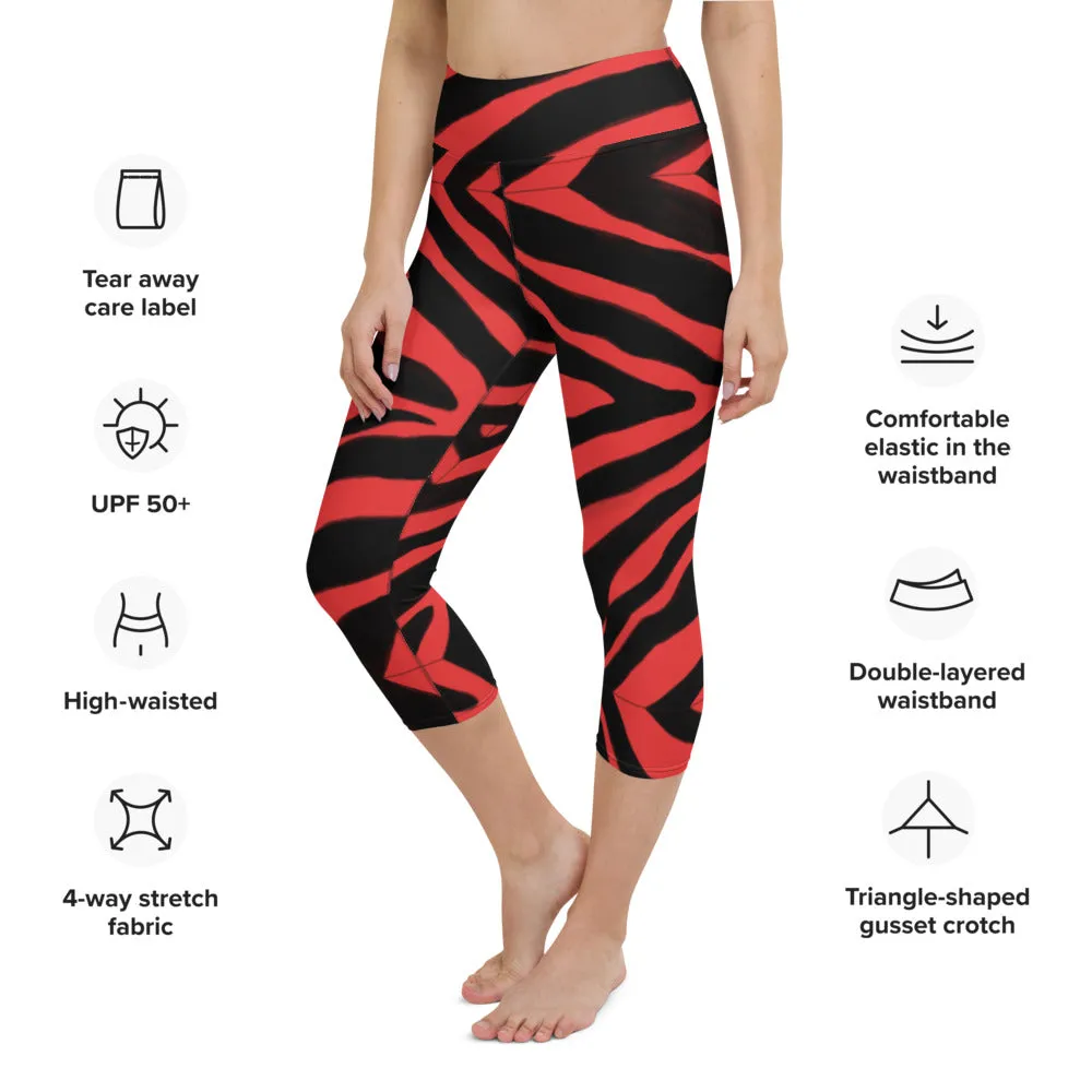 Red Zebra Yoga Capri Leggings, Zebra Animal Print Best Designer Women's Yoga Capri Leggings