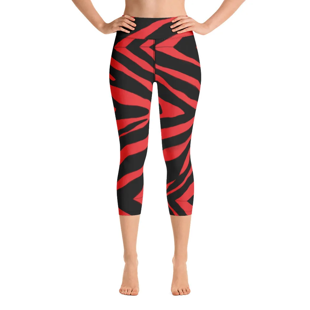 Red Zebra Yoga Capri Leggings, Zebra Animal Print Best Designer Women's Yoga Capri Leggings