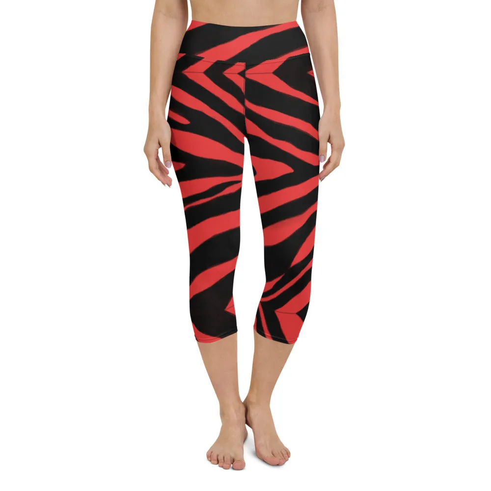 Red Zebra Yoga Capri Leggings, Zebra Animal Print Best Designer Women's Yoga Capri Leggings