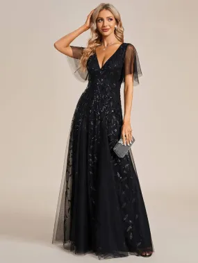 Romantic Shimmery V Neck Ruffle Sleeves Maxi Long Evening Gowns