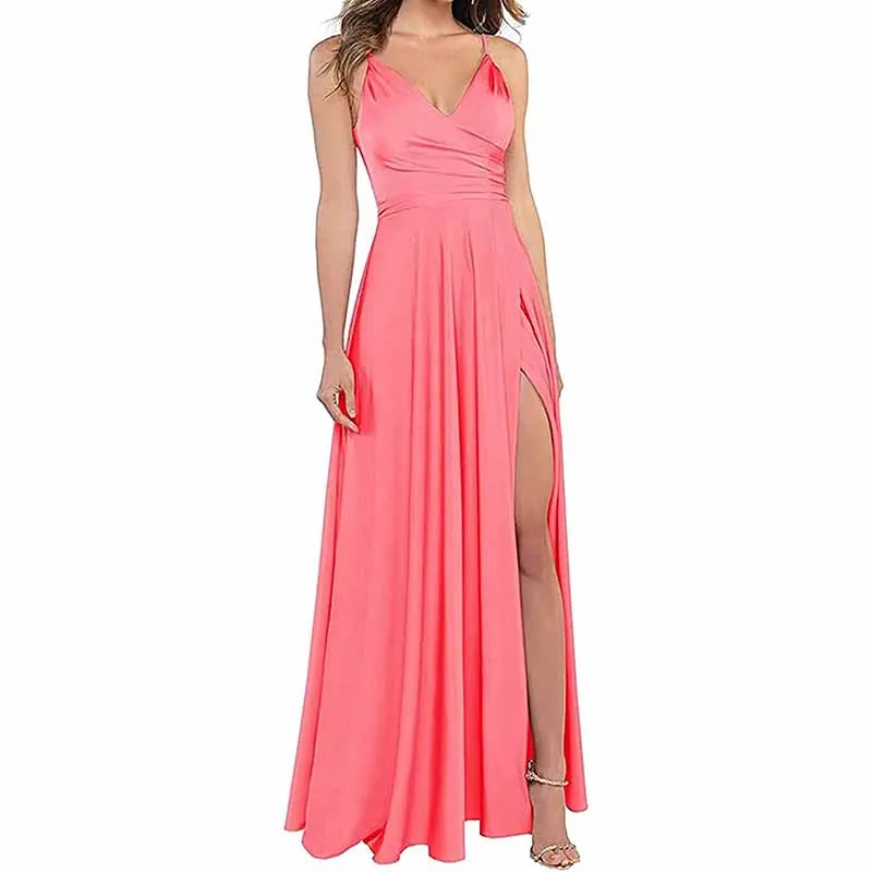 Satin Bridesmaid Dresses Long Spaghetti Strap Prom Dress Evening Gowns