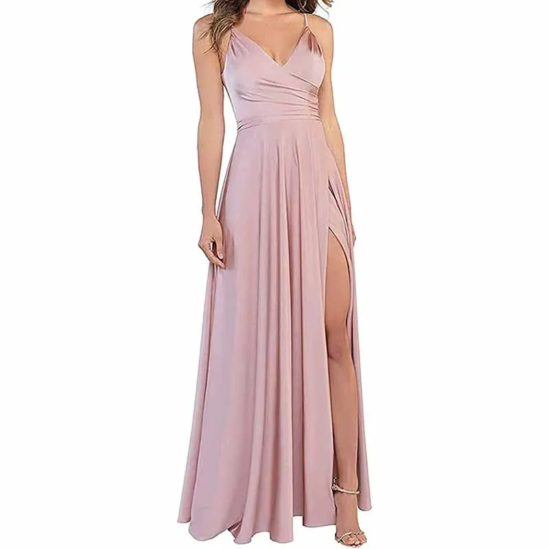 Satin Bridesmaid Dresses Long Spaghetti Strap Prom Dress Evening Gowns