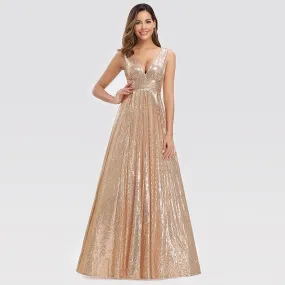 sd-hk Gold Sequin Evening Party Gowns V Neck Sleeve Prom Dress Plus Size