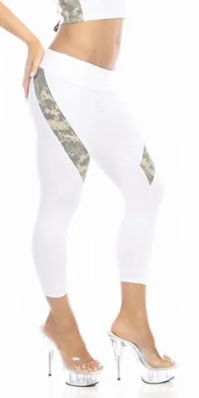 Sexy Hi Lo Waist Universal Camo Pattern Combat Athletic Capri Pants - White/Green