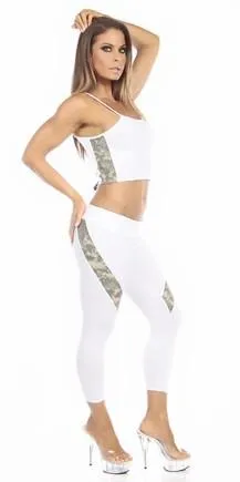 Sexy Hi Lo Waist Universal Camo Pattern Combat Athletic Capri Pants - White/Green