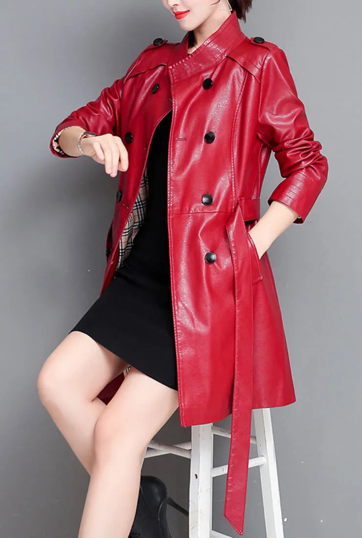 Stand Collar Leather Trench Coat