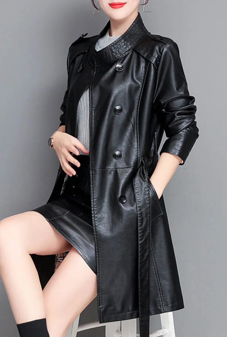 Stand Collar Leather Trench Coat