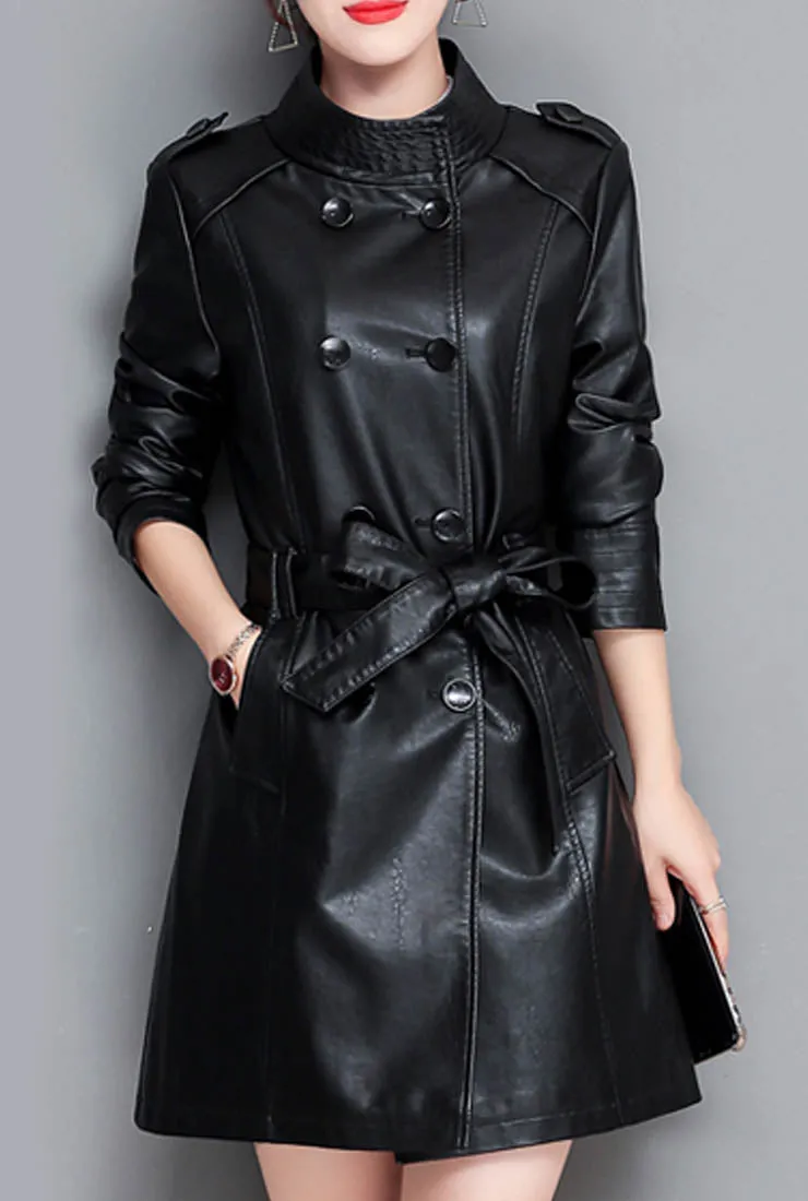 Stand Collar Leather Trench Coat