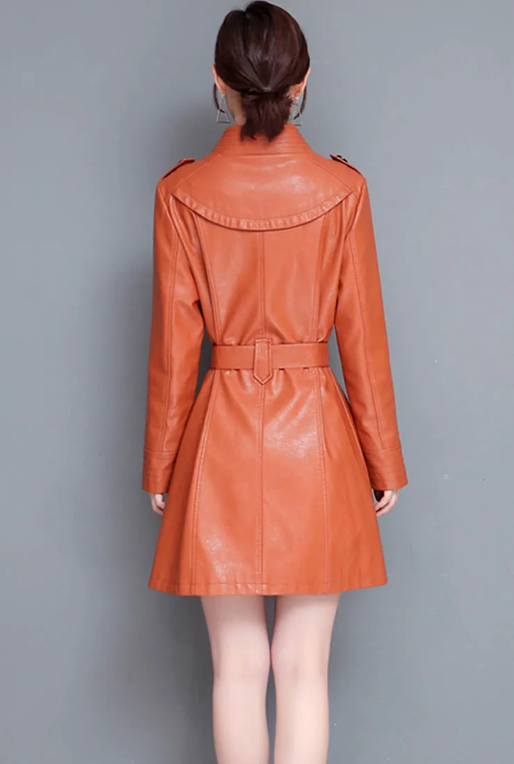 Stand Collar Leather Trench Coat