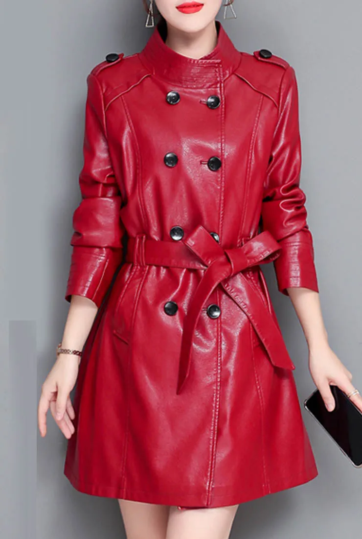 Stand Collar Leather Trench Coat