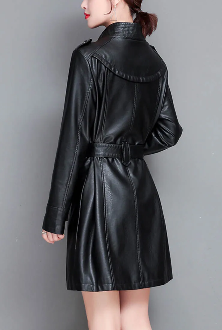 Stand Collar Leather Trench Coat