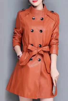 Stand Collar Leather Trench Coat