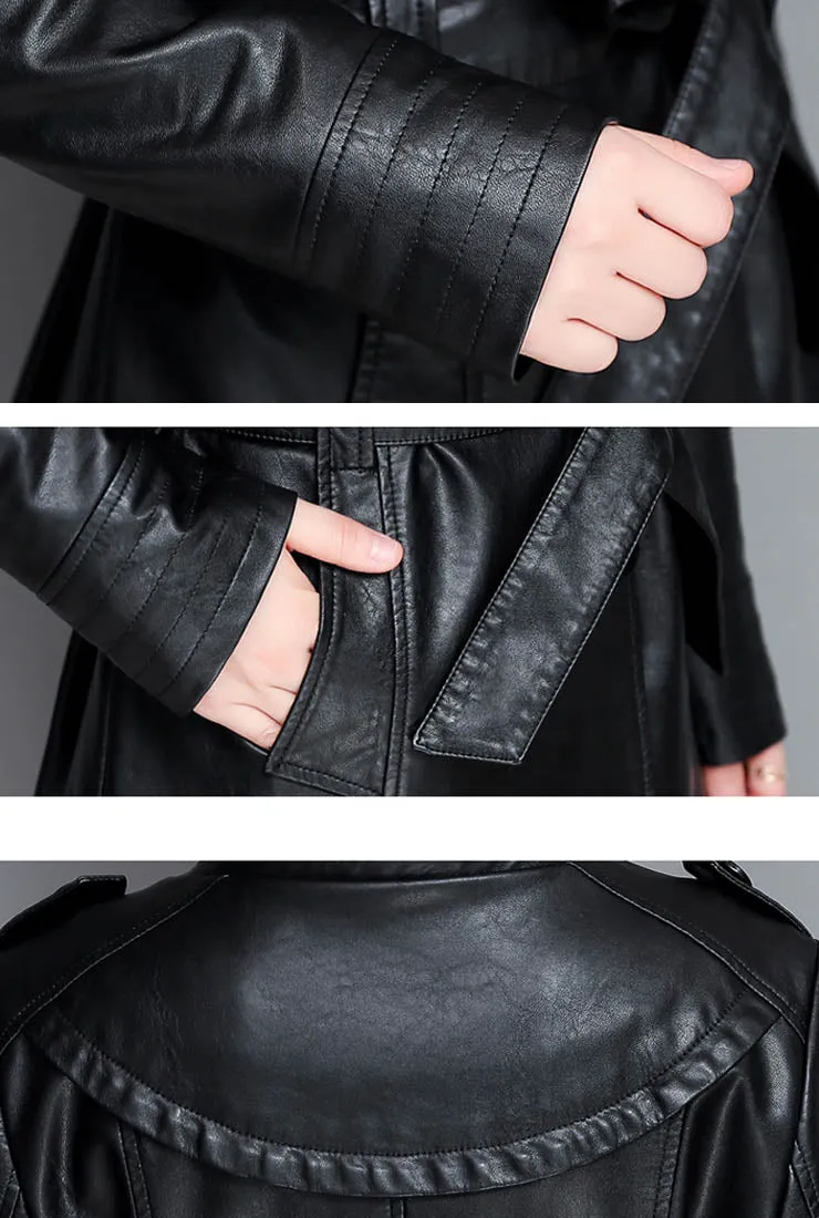 Stand Collar Leather Trench Coat