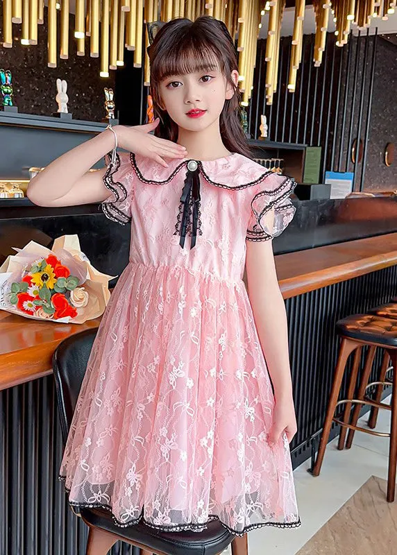 Style Pink O-Neck Bow Patchwork Tulle Kids Maxi Gowns Dress Summer XZ003