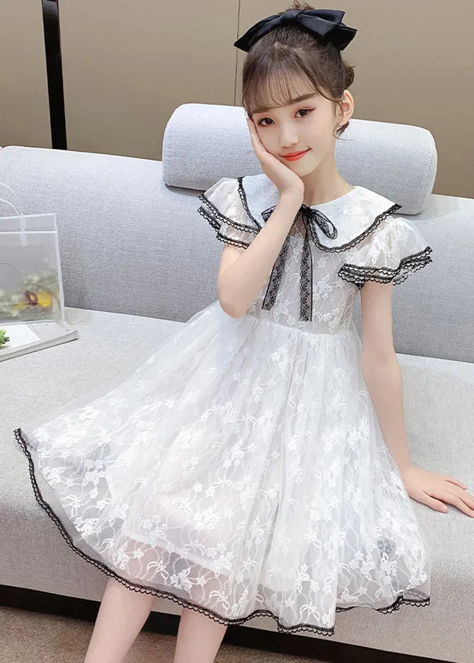 Style Pink O-Neck Bow Patchwork Tulle Kids Maxi Gowns Dress Summer XZ003