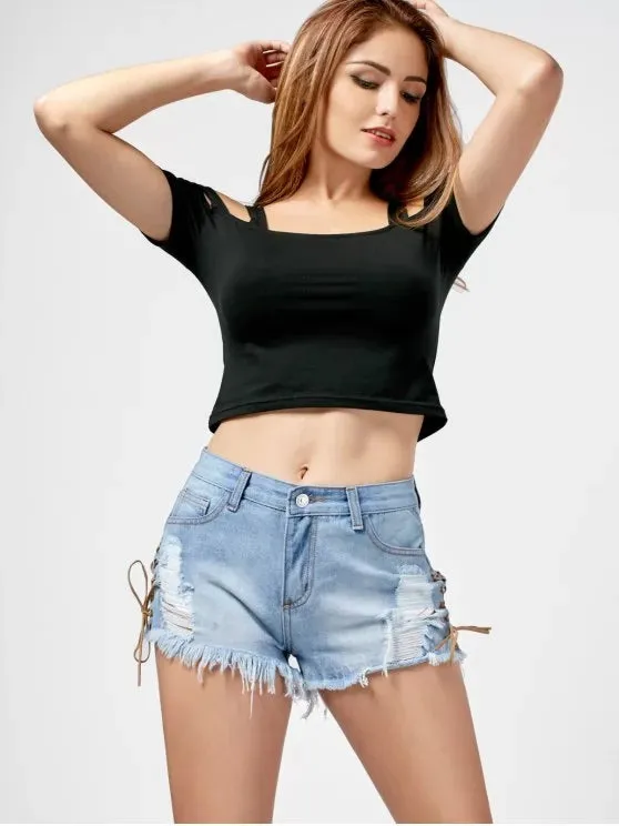 TastyHottie - Trendy Lace Up Ripped Frayed Denim Shorts