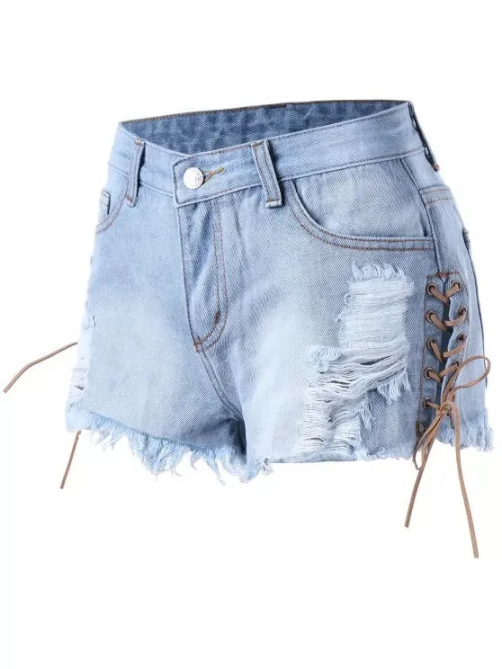 TastyHottie - Trendy Lace Up Ripped Frayed Denim Shorts