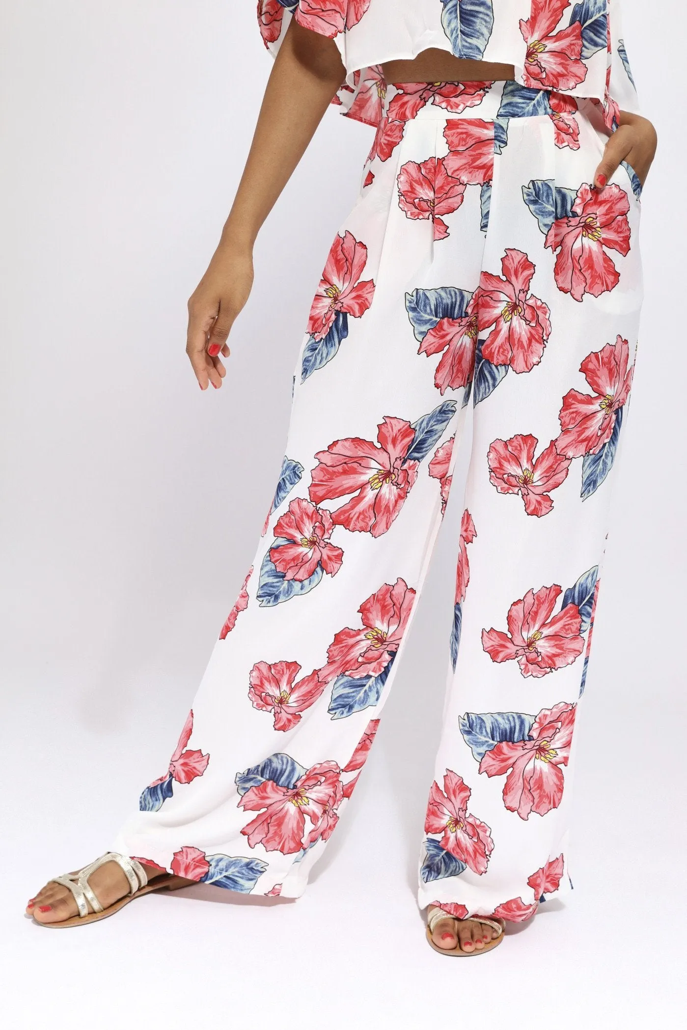 White Floral Palazzo Trousers