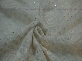 White Geomatric Pattern Thread Embroidered Silk Fabric