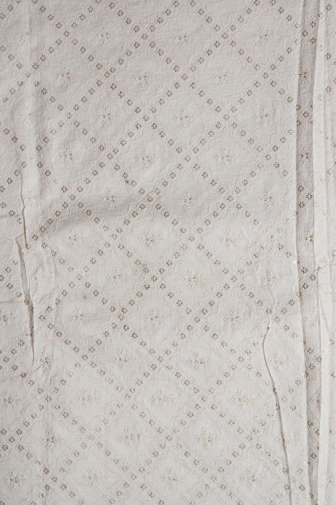 White Thread With Gold Sequins Checks Embroidery On Off White Pure Silk Satin Fabric