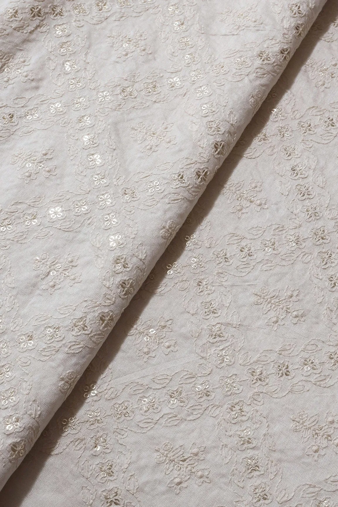 White Thread With Gold Sequins Checks Embroidery On Off White Pure Silk Satin Fabric