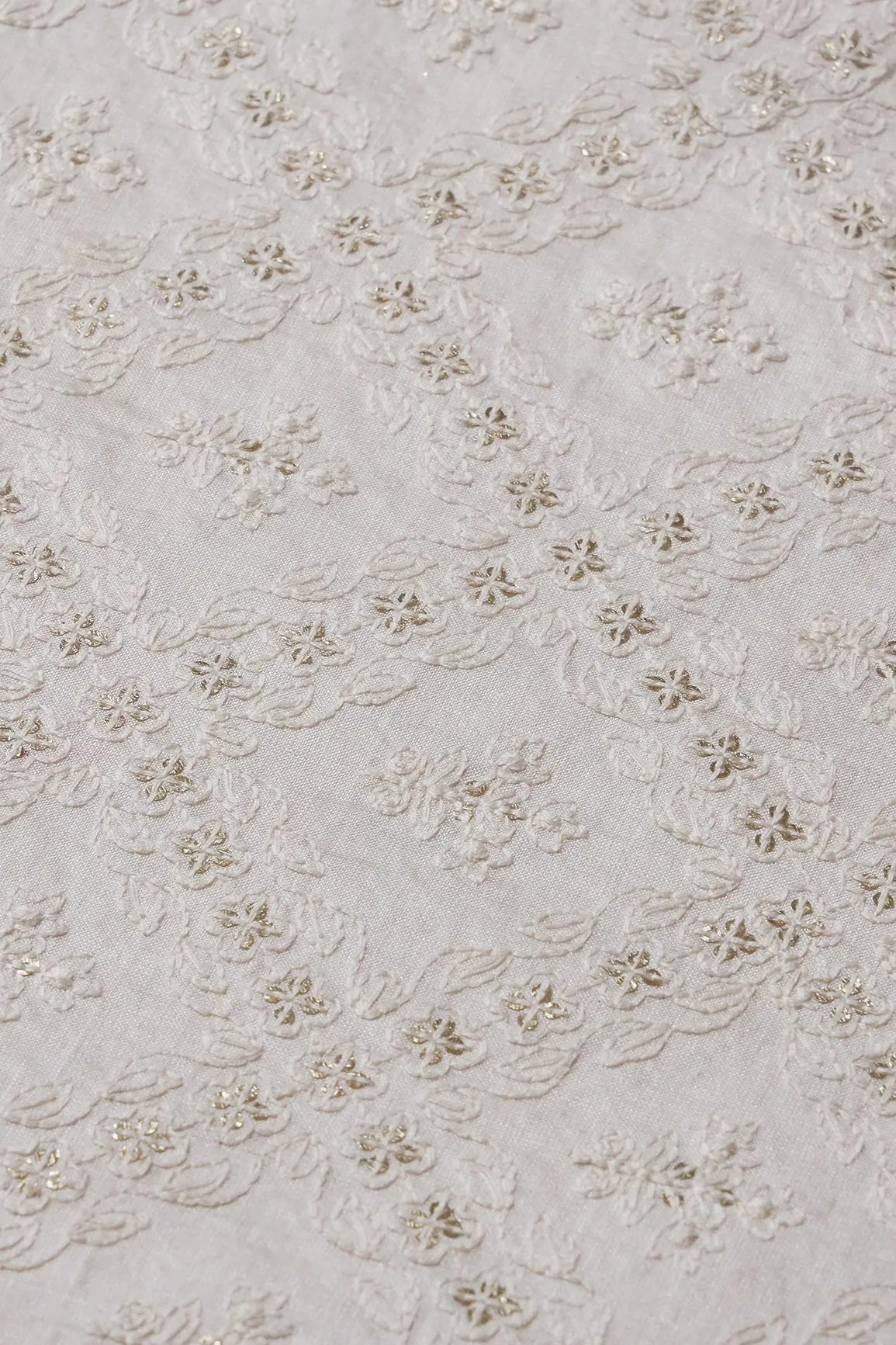 White Thread With Gold Sequins Checks Embroidery On Off White Pure Silk Satin Fabric