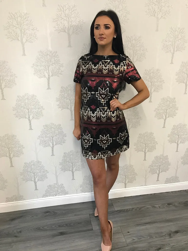 Zena Black Multi Sequin Aztec Shift Dress